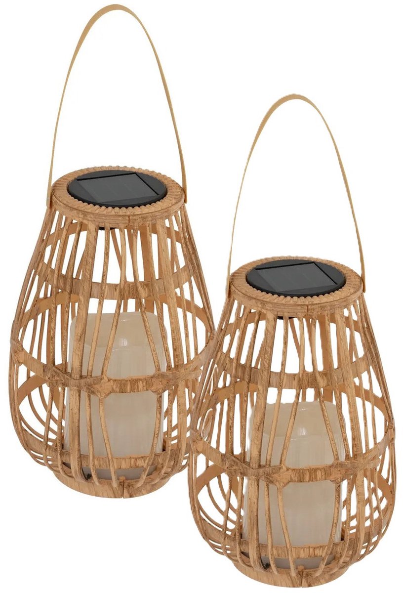 Atmosphera Solar garden lantern - 2x - natural - rattan plastic - 16 x 23 cm - outdoor - LED candle light