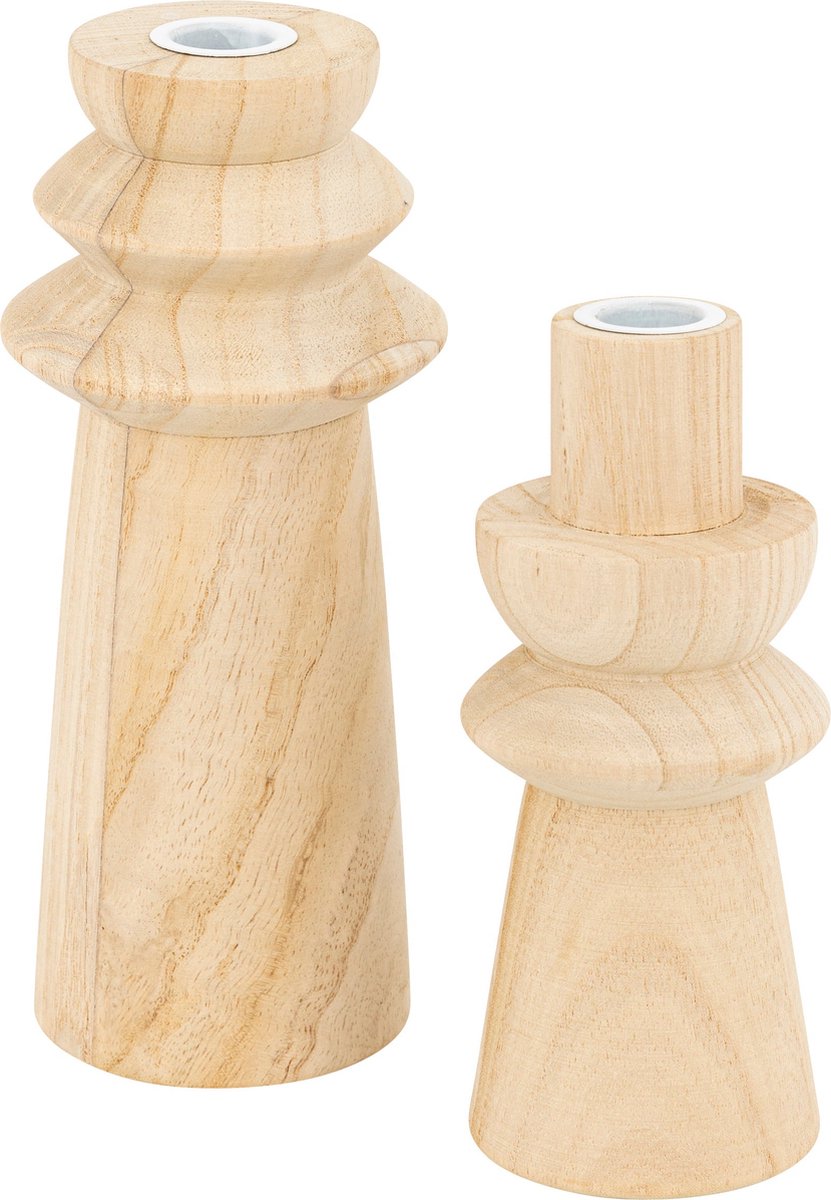Atmosphera Houten Kandelaars - Set van 2 stuks - Ø11xH24 cm - Beige