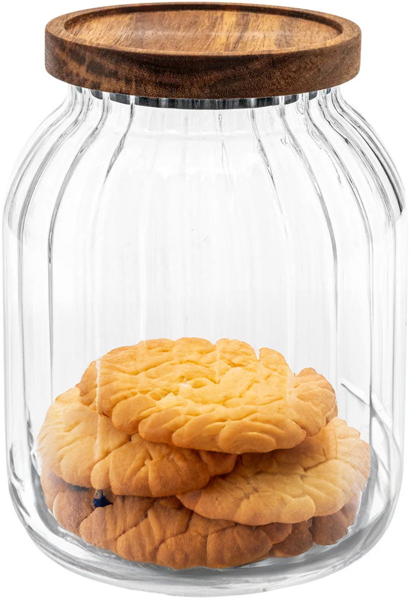 5Five storage jar Acacia wood - glass - 2L - 13 x 18 cm - kitchen storage jars - Food / candy / cookies