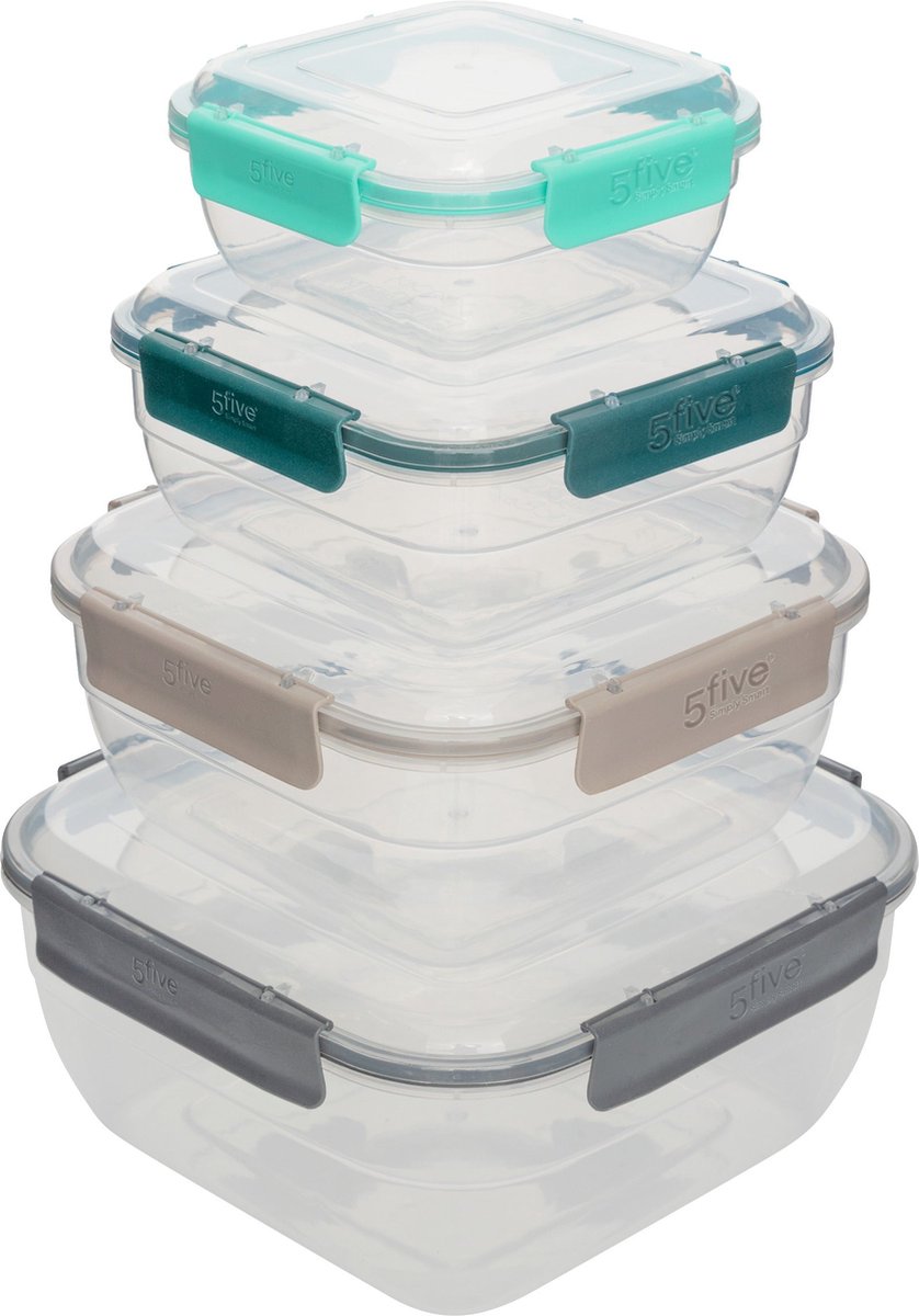 5Five vierkante vershouddozen met clipsluiting – set van 4, 0,4 tot 2,35 liter