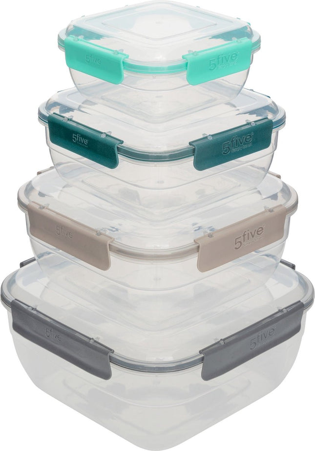 5Five vierkante vershouddozen met clipsluiting – set van 4, 0,4 tot 2,35 liter