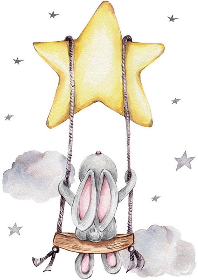 SIPO Wall Sticker - Bunny on Swing - 70x49 cm - Self-adhesive Wall Decoration for Nursery - Baby Room - Decal -