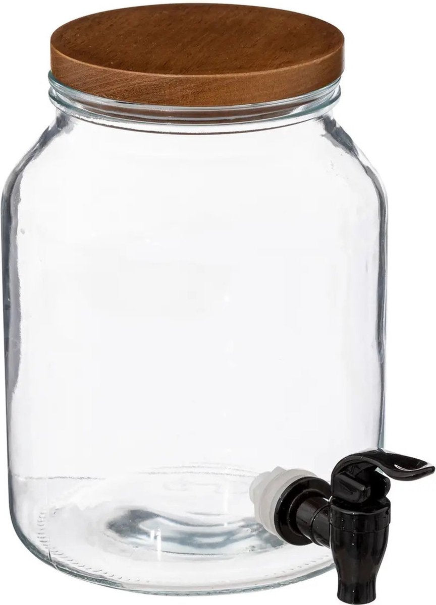 5Five drankdispenser van glas, 3 liter – met kraantje en houten deksel