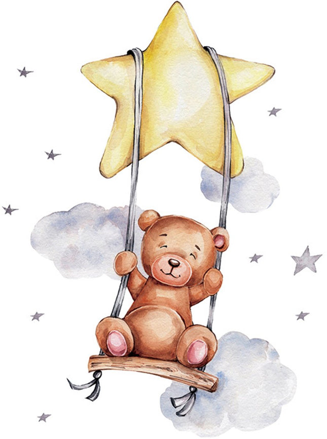 Sipo Bear on Swing Wall Sticker - Self-Adhesive Wall Decoration for Kids' Room - 74 x 54 cm - Cute Bear Wall Decal for Nursery and Toddler Room