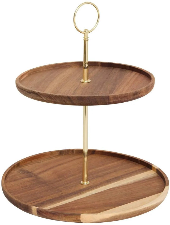 Mina Gold etagère goud – 2-laags serveerstandaard van acaciahout, Ø 25 cm