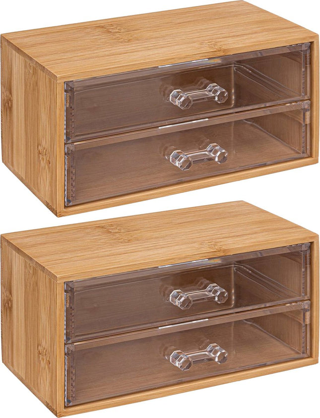5Five sieraden / make-up organizer - 2x stuks - 2 lades - 19 x 12 cm - rechthoek - bamboe / kunststof