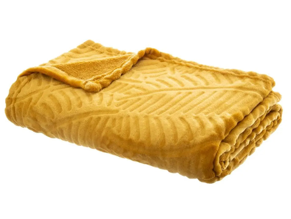 Throw blanket 125 x 150cm | Fleece blanket | with palm leaf pattern | Ochre yellow