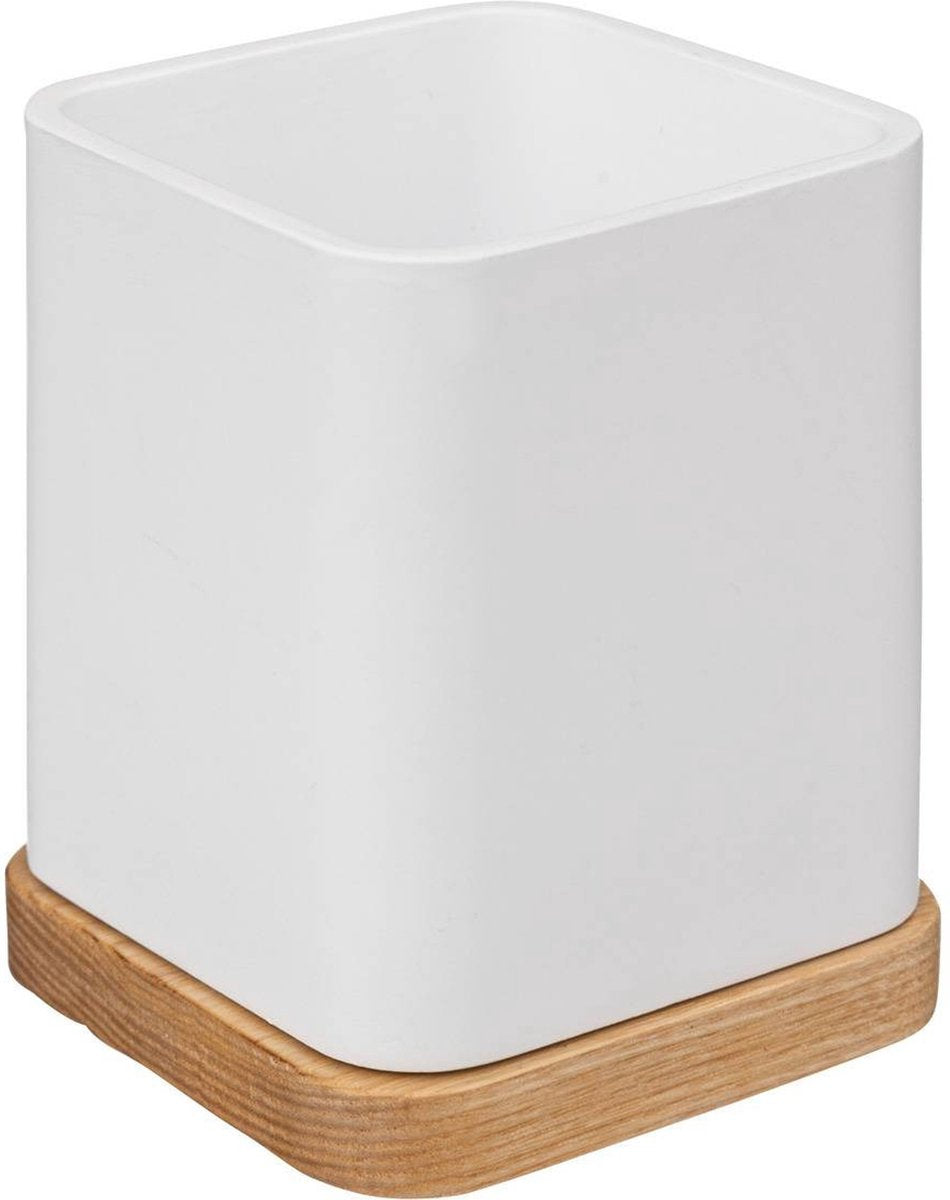5Five tandenborstelhouder vierkant, wit met bamboe – Natureo, 8 x 8 x 10 cm