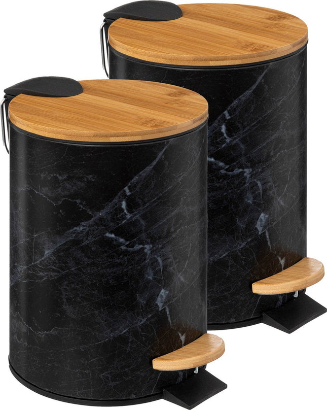 5Five Poubelle / seau à pédale aspect marbre - 2x - noir - 3 litres - métal / bambou - 17 x 25 cm - fermeture en douceur