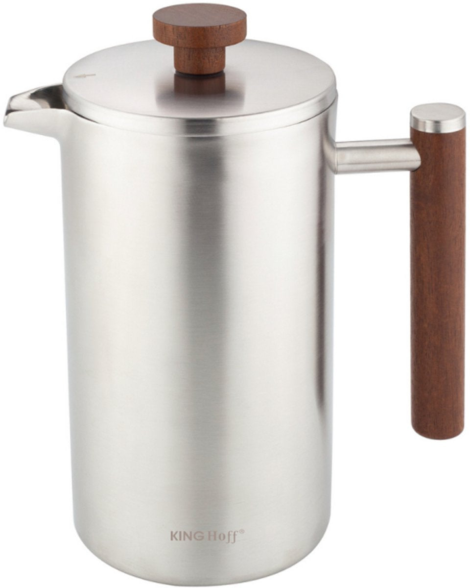 Kinghoff French Press 1 liter – dubbelwandige RVS cafetière met houten greep