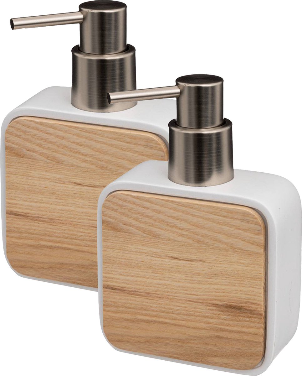 5Five soap pump / soap dispenser - 2 pcs - white - 10 x 15 cm - 200 ml - bamboo / polyresin - bathroom