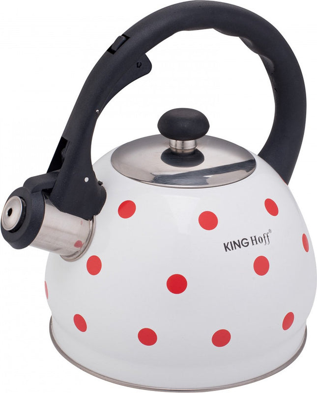Kinghoff 1736 fluitketel 2 liter – wit met rode stippen, emaille, ook inductie