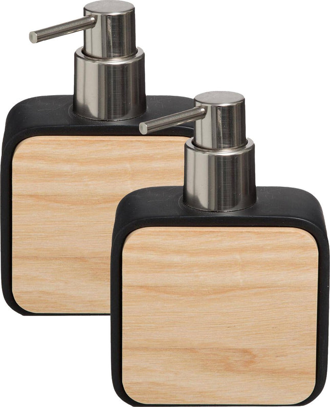 5Five distributeur de savon / pompe à savon - 2x - noir - 10 x 15 cm - 200 ml - bambou / pierre artificielle - salle de bain