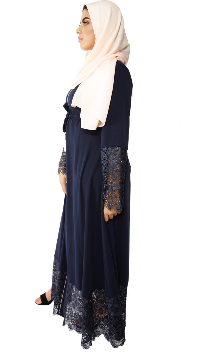Abaya met kanten mouwen en steentjes – marineblauw of zwart, maat 40-50 – foto 9