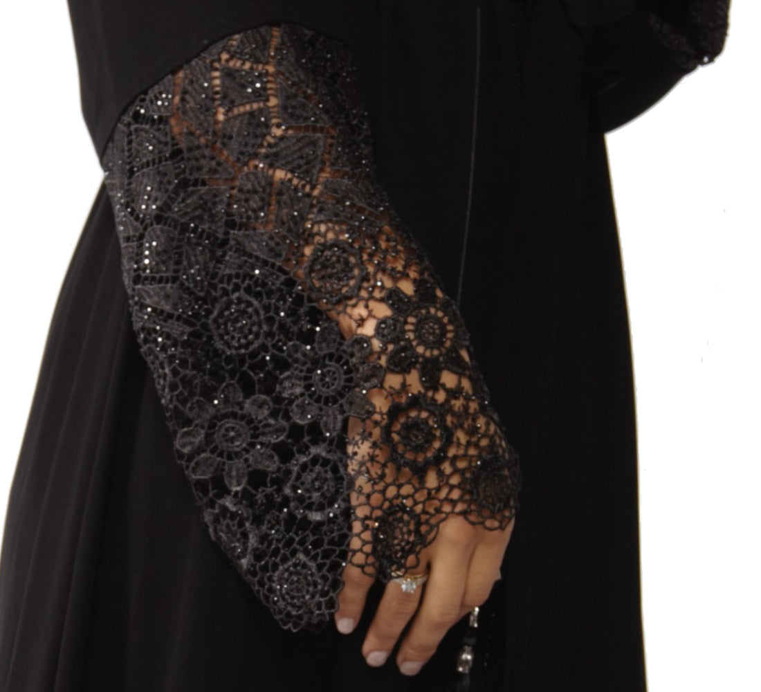 Abaya met kanten mouwen en steentjes – marineblauw of zwart, maat 40-50 – foto 3