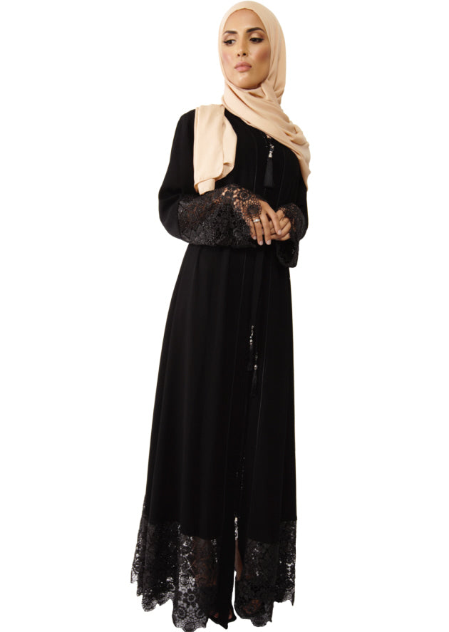 Abaya met kanten mouwen en steentjes – marineblauw of zwart, maat 40-50 – foto 10