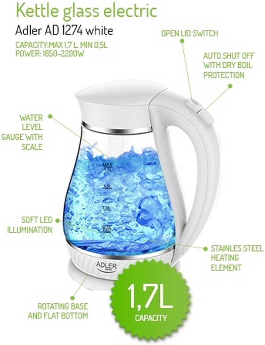 Adler AD1274 - Wasserkocher - weiß - 1.7 Liter