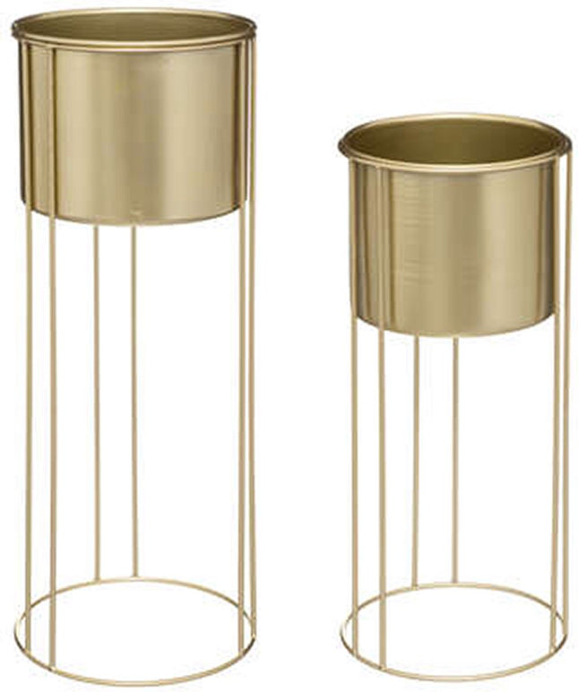 Pots de fleurs x2 sur support en métal doré - D18 x H41 / D21 et H58 cm