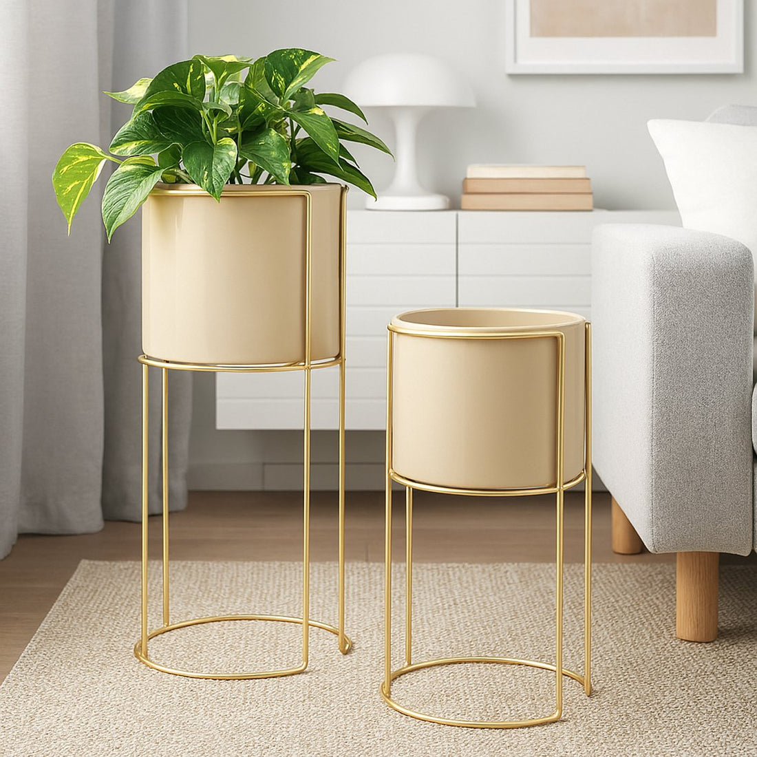 Atmosphera Plant Pot / Stands - Set of 2 pieces - Ø28xH55 cm - Beige / Gold