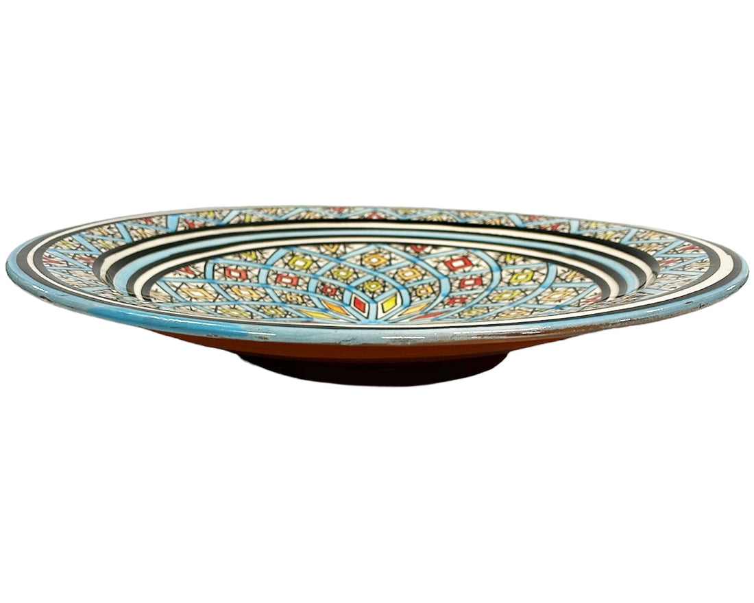 Schaal aardewerk 35 cm turquoise blauw met verschillende kleuren