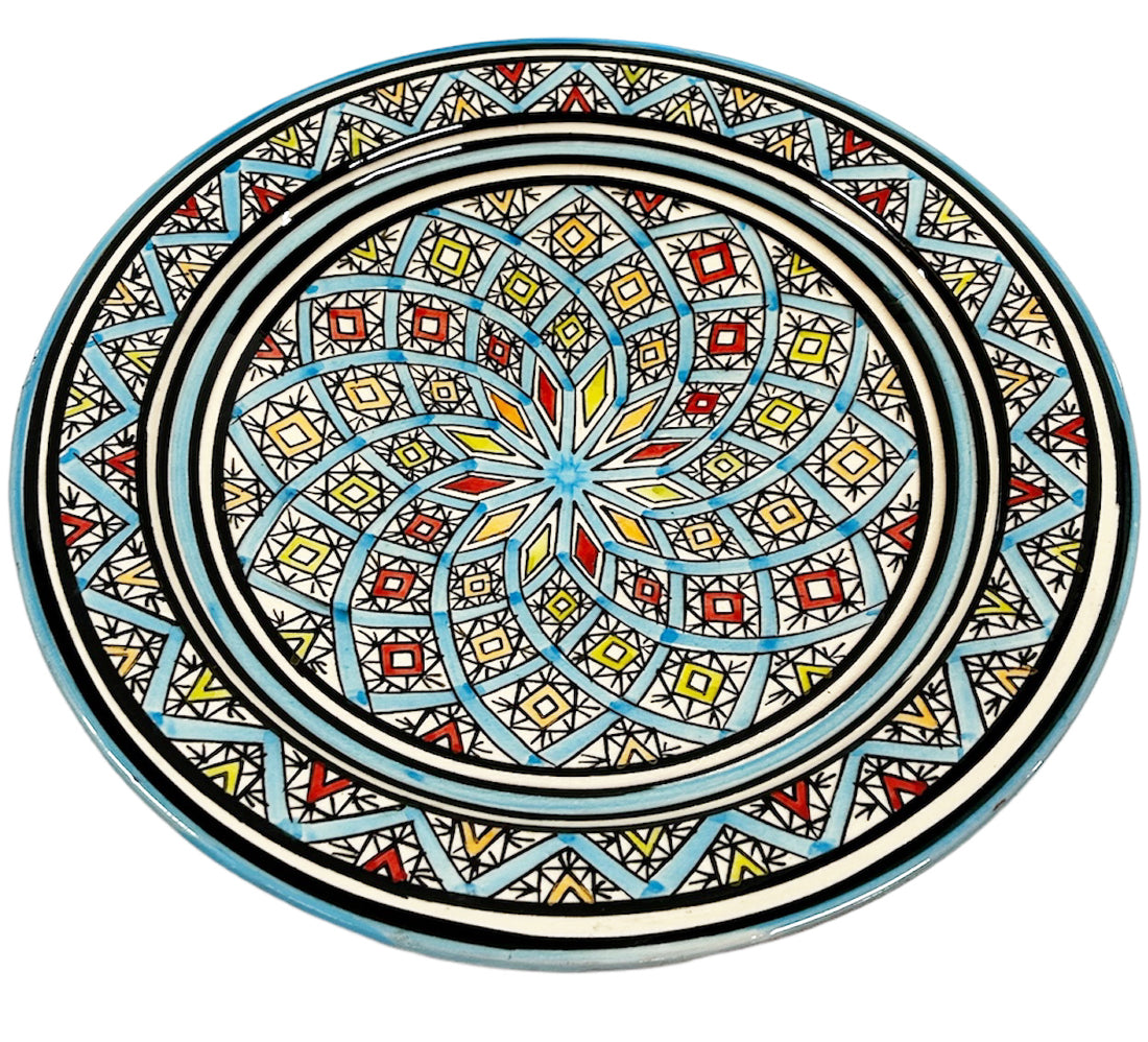 Schaal aardewerk 35 cm turquoise blauw met verschillende kleuren