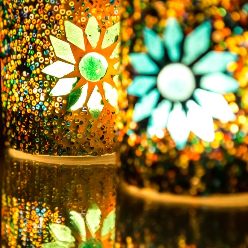 Mediterranean cylinder tealight holder set of 2 - mosaic & beads - multi-colour