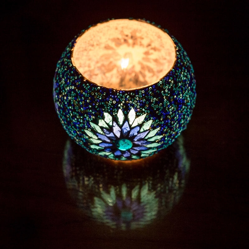 Mosaic & bead tea light holder sphere blue Ø 15 cm
