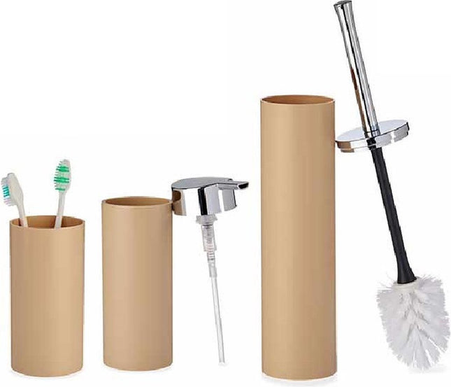 Badkamerset toiletborstel, zeeppompje en beker – kunststof, grijs of beige – foto 2