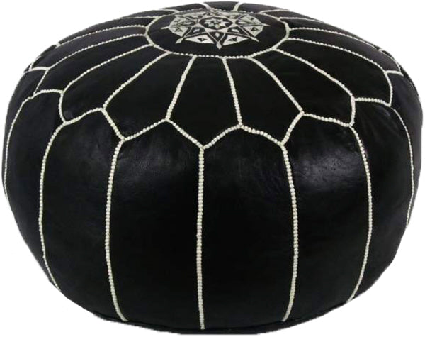 Pouf marocain en cuir noir avec broderie blanche – Fait main à Marrakech