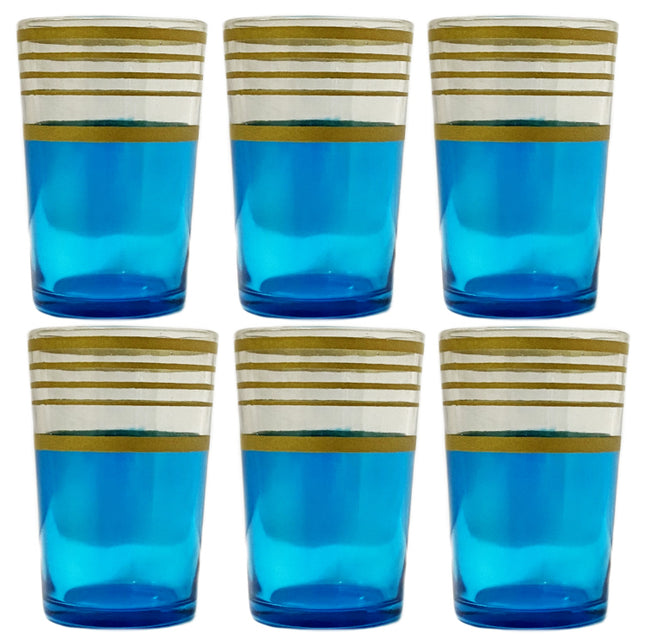 Marokkaanse glazen blauw en goud – 6 theeglazen met gouden opdruk, 12 cl