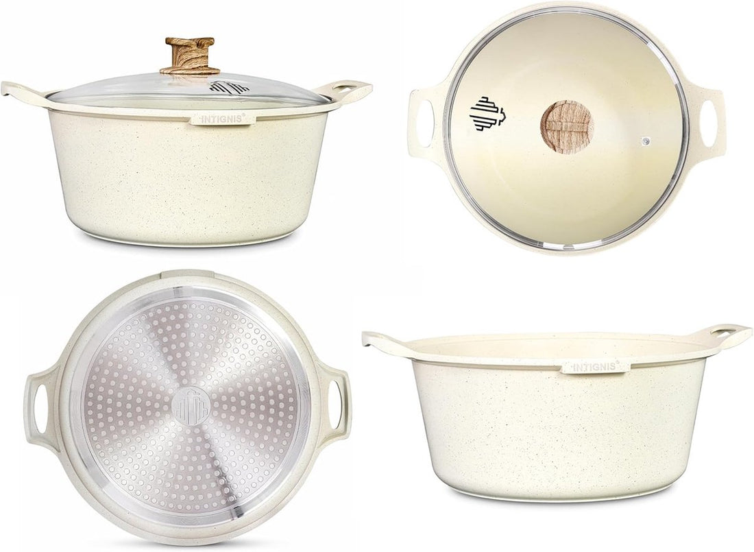 INTIGNIS® Casserole with Lid – 32 cm (10 liters) – GREBLON Ceramic Non-Stick Coating – Suitable for Induction, Gas & Electric – Includes Glass Lid – White