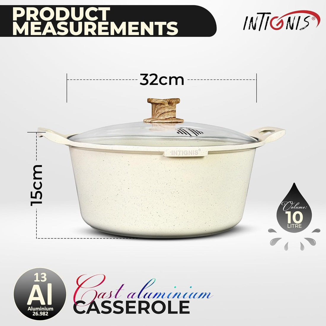 INTIGNIS® Casserole with Lid – 32 cm (10 liters) – GREBLON Ceramic Non-Stick Coating – Suitable for Induction, Gas & Electric – Includes Glass Lid – White