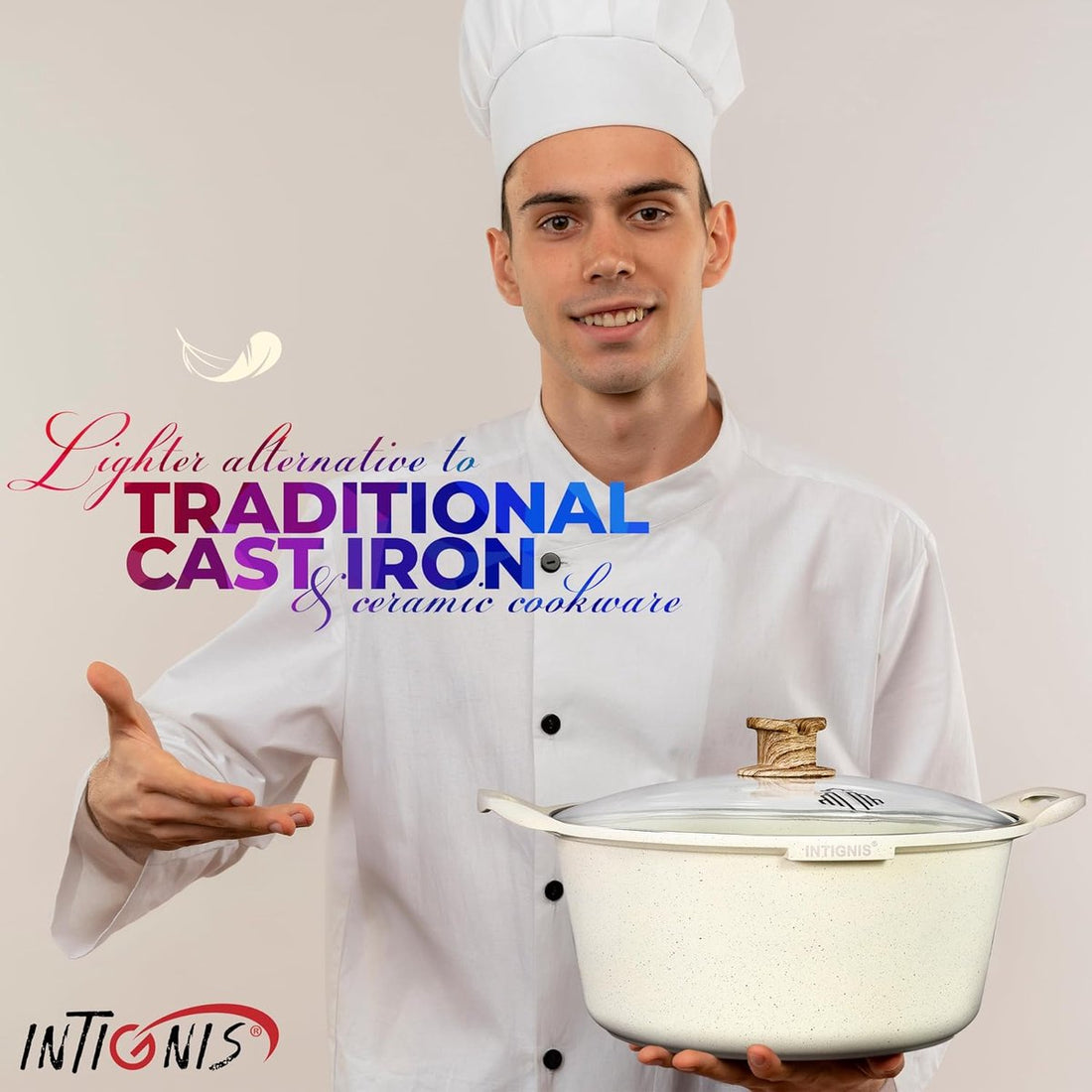 INTIGNIS® Casserole with Lid – 32 cm (10 liters) – GREBLON Ceramic Non-Stick Coating – Suitable for Induction, Gas & Electric – Includes Glass Lid – White