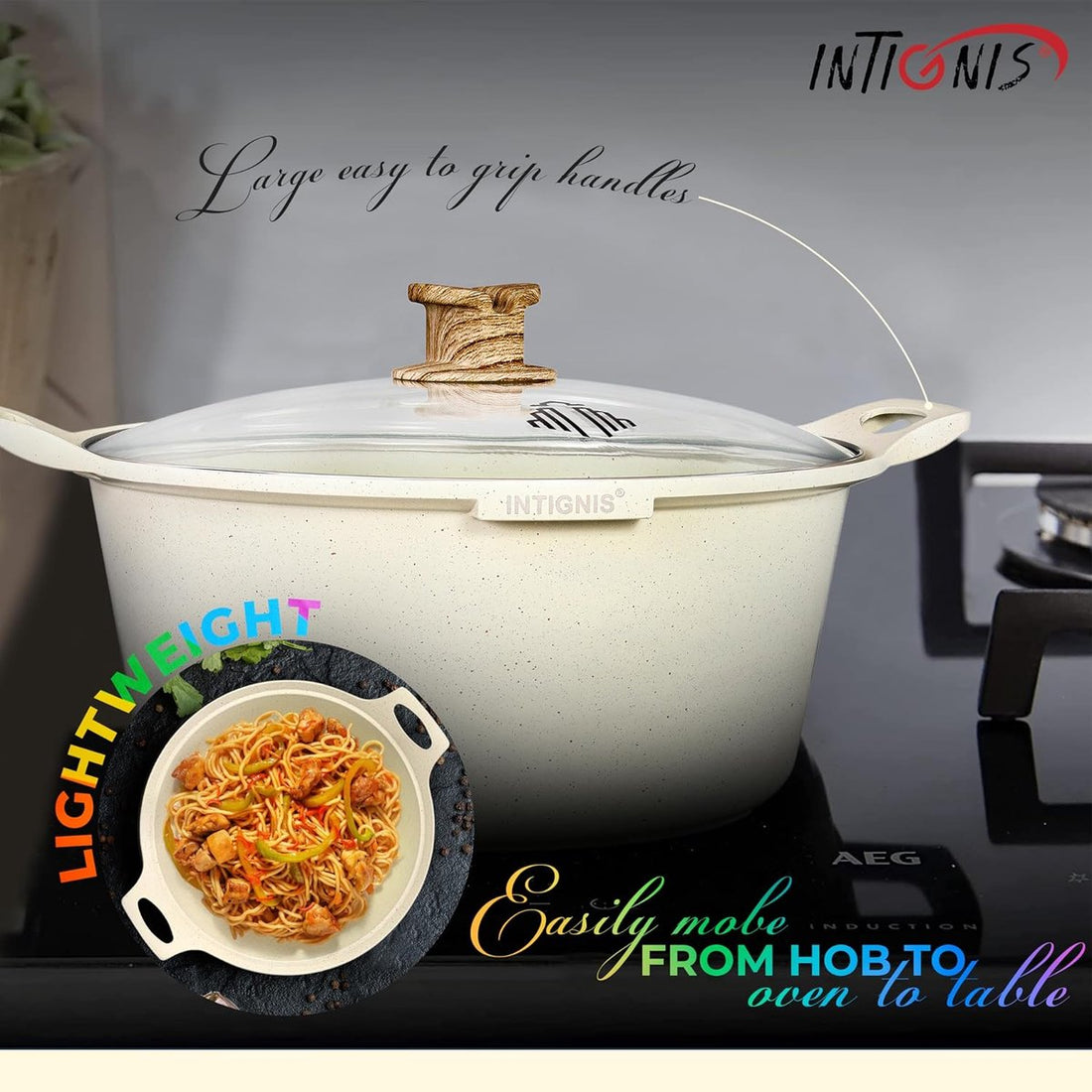 INTIGNIS® Casserole with Lid – 32 cm (10 liters) – GREBLON Ceramic Non-Stick Coating – Suitable for Induction, Gas & Electric – Includes Glass Lid – White