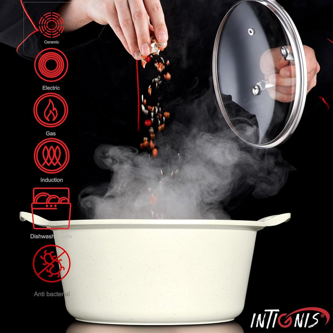 INTIGNIS® Casserole with Lid – 32 cm (10 liters) – GREBLON Ceramic Non-Stick Coating – Suitable for Induction, Gas & Electric – Includes Glass Lid – White