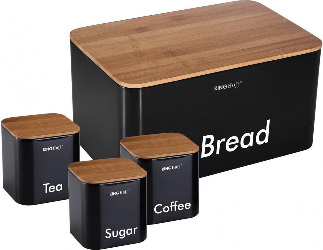Kinghoff broodtrommel set – zwart, RVS met hout, 35 x 21 x 25 cm