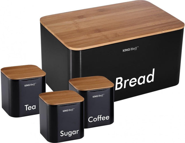 Broodtrommel set - zwart - rvs met hout - 35 x 21 x 25 cm