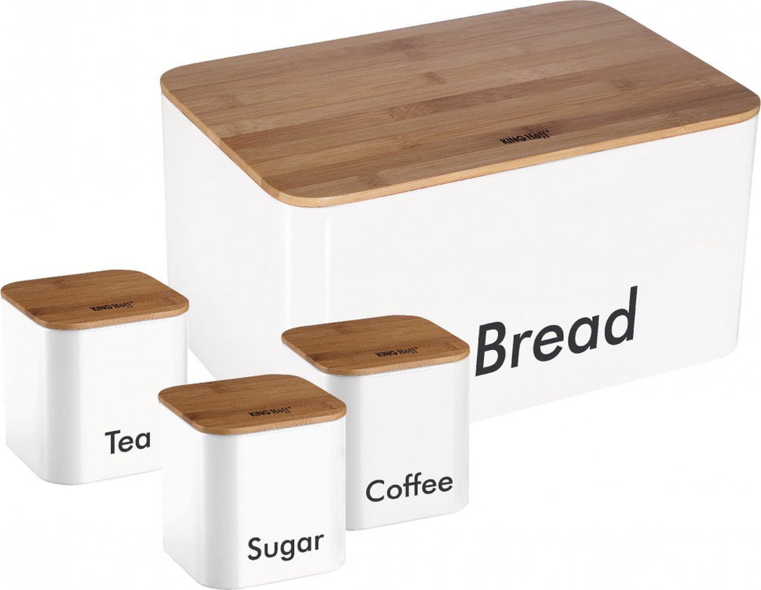 Bread bin set - White - Stainless steel with wood - 35 x 23 x 18.5 cm