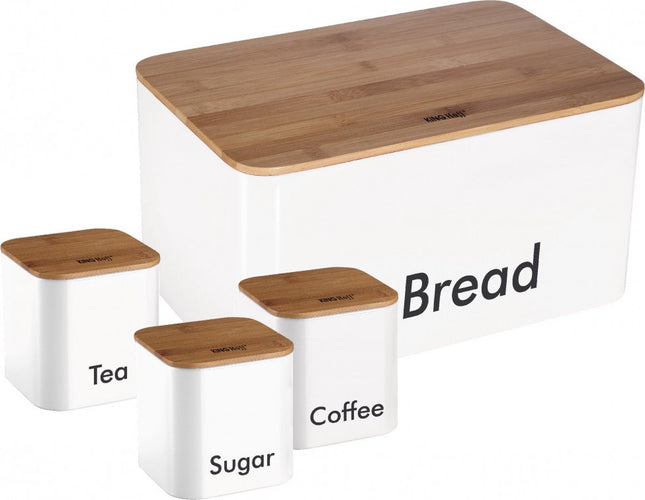 Brotkastenset - Weiß - Edelstahl mit Holz - 35 x 23 x 18,5 cm