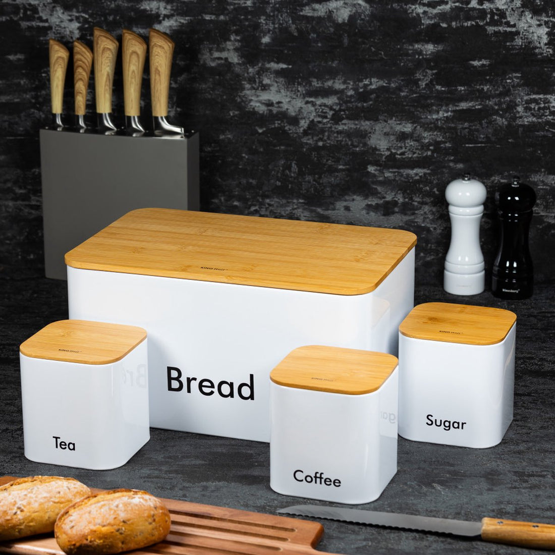 Bread bin set - White - Stainless steel with wood - 35 x 23 x 18.5 cm