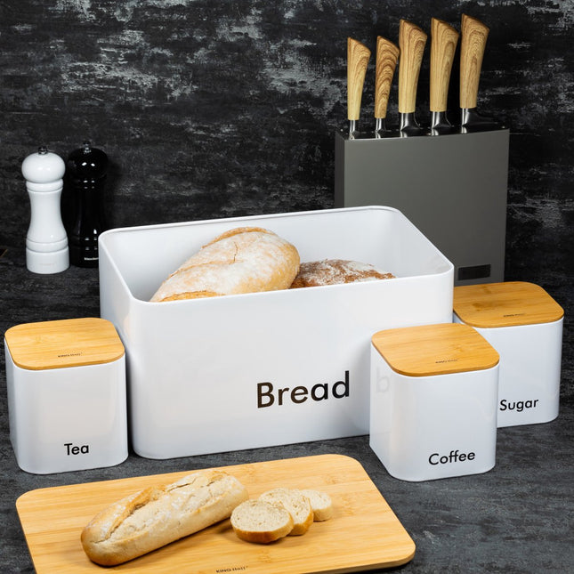 Brotkastenset - Weiß - Edelstahl mit Holz - 35 x 23 x 18,5 cm