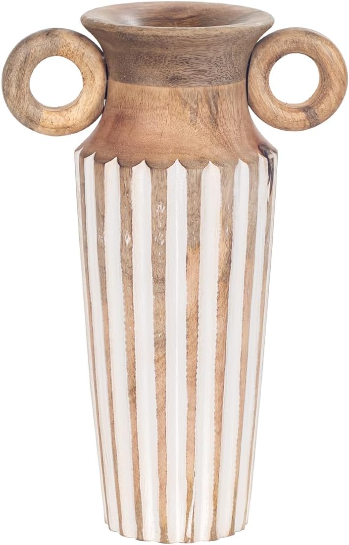 Braune Holzvase mit weißen Schnitzereien - 29 cm