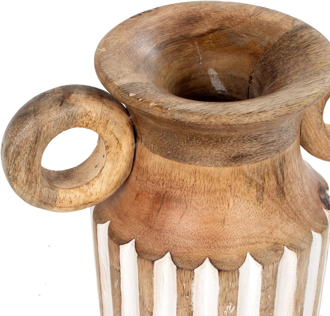 Braune Holzvase mit weißen Schnitzereien - 29 cm
