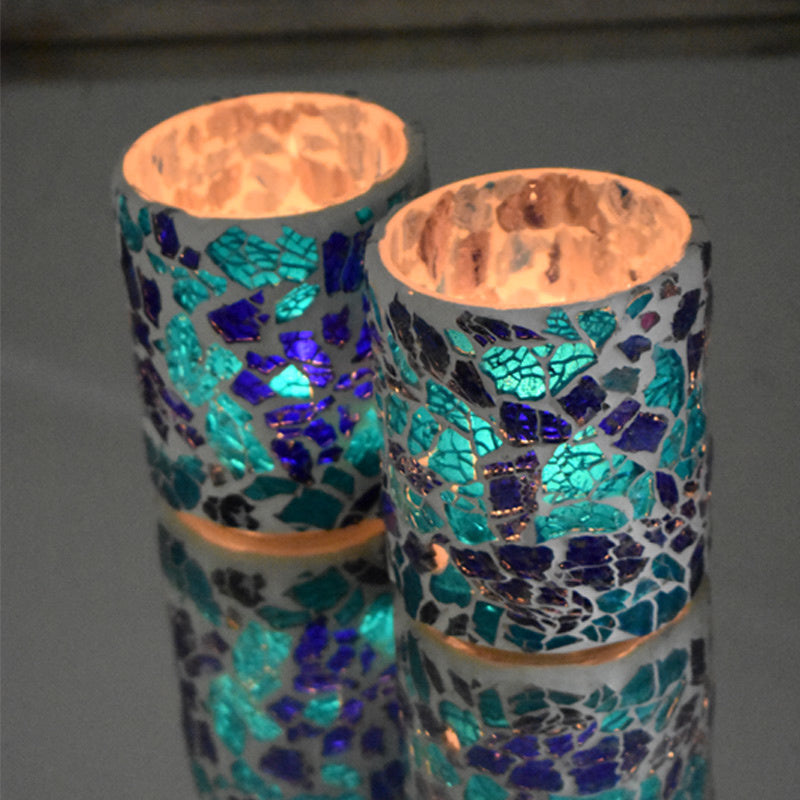 Photophore cylindrique en verre cassé – bleu