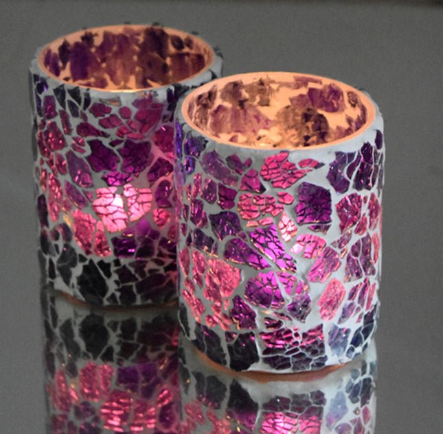 Porte-bougie chauffe-plat en verre craquelé mosaïque orientale - violet