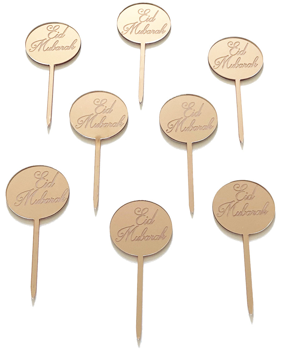 Eid Mubarak cupcake picks toppers circle rose gold 8 pieces