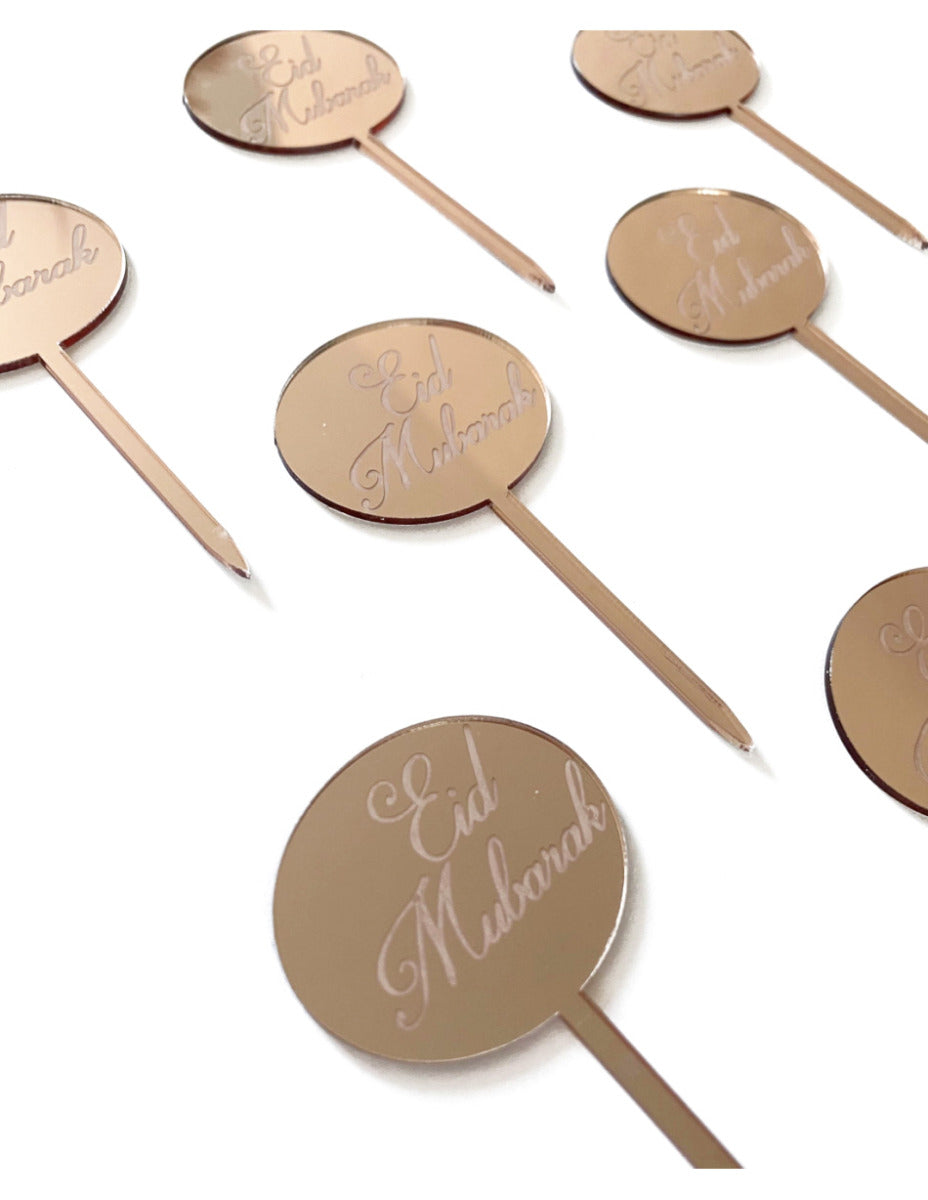 Eid Mubarak cupcake picks toppers circle rose gold 8 pieces