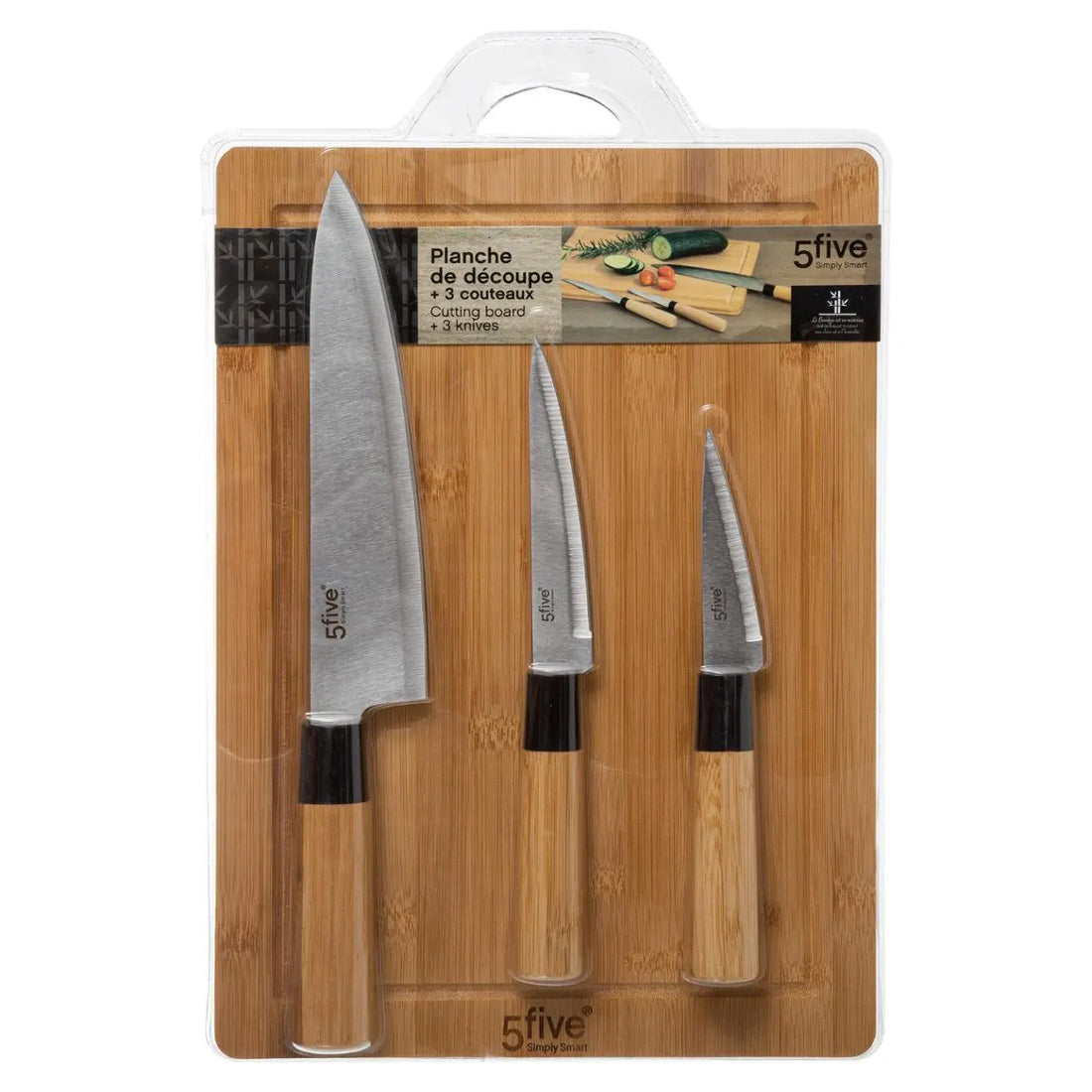 Snijplank met 3 messen van 5Five – bamboe plank, 35 x 25 cm – foto 2