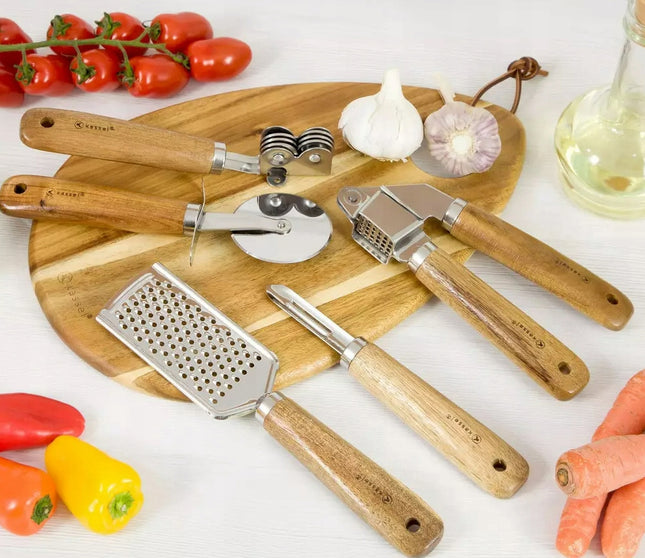 Kassel 5-piece kitchen accessory set, stainless steel, acacia wood