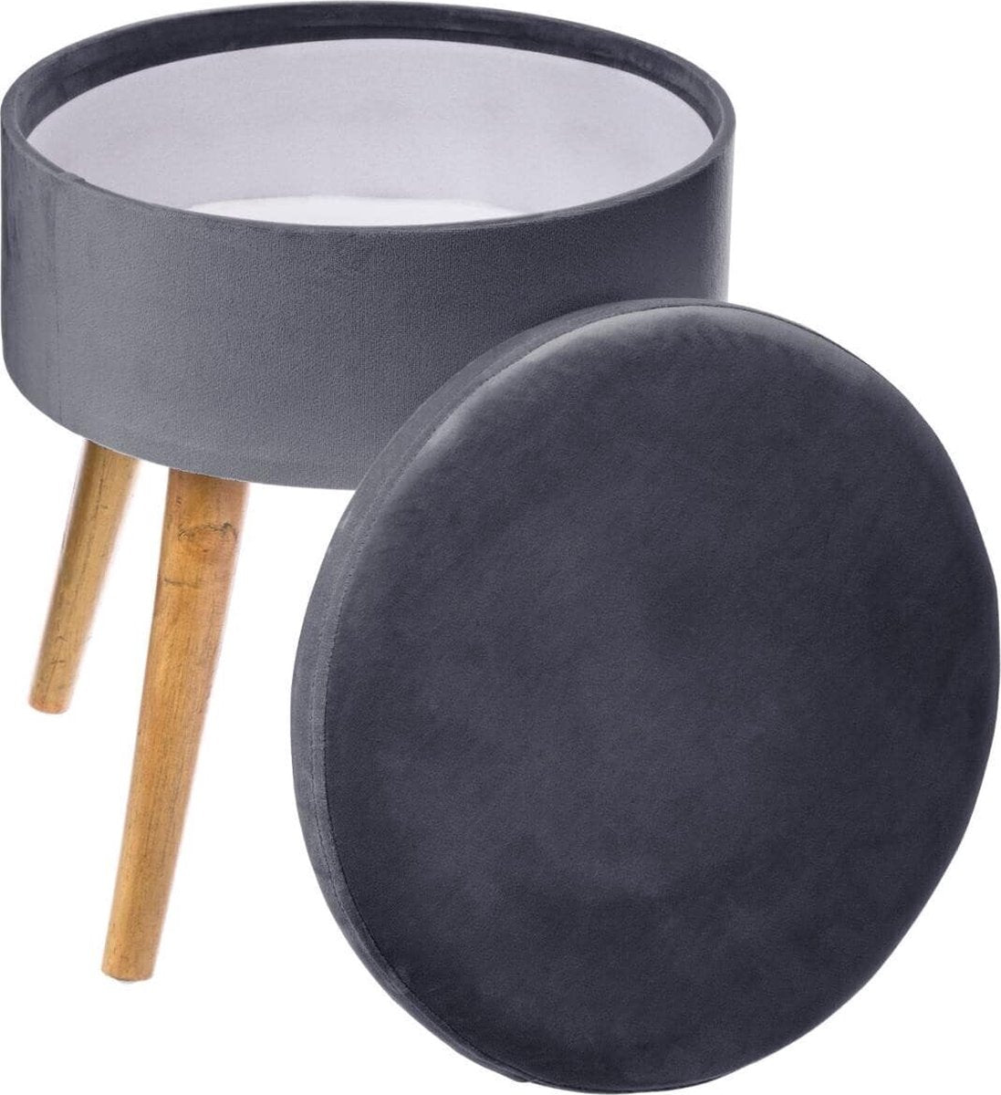 Samthocker mit Holzbeinen – Grau